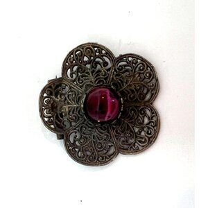 Antiqued Silver Filigree Brooch With Purple Stone Center Vintage Jewelry